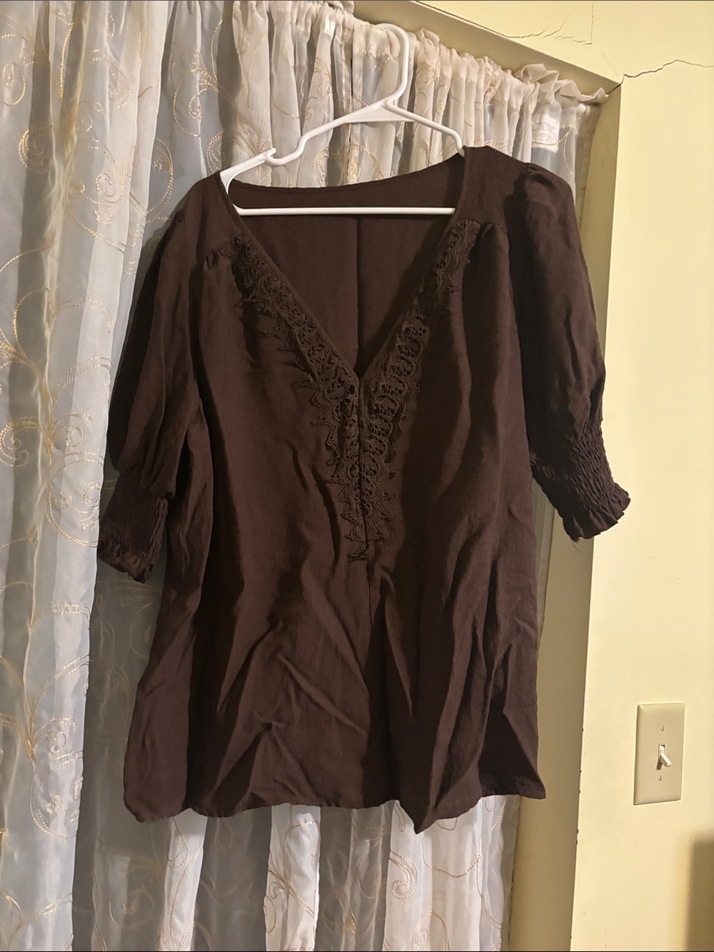 SHEIN Brown V-Neck Peasant Tunic with Lace Trim